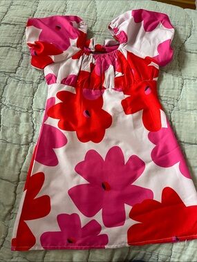 Girls Pink & Red Floral Puff-Sleeve Dress